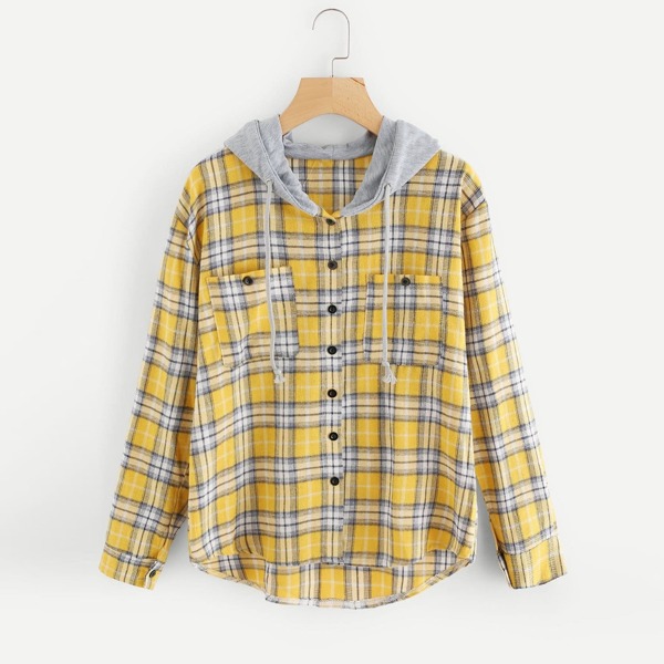 

Plus Pocket Decoration Plaid Hooded Sweatshirt