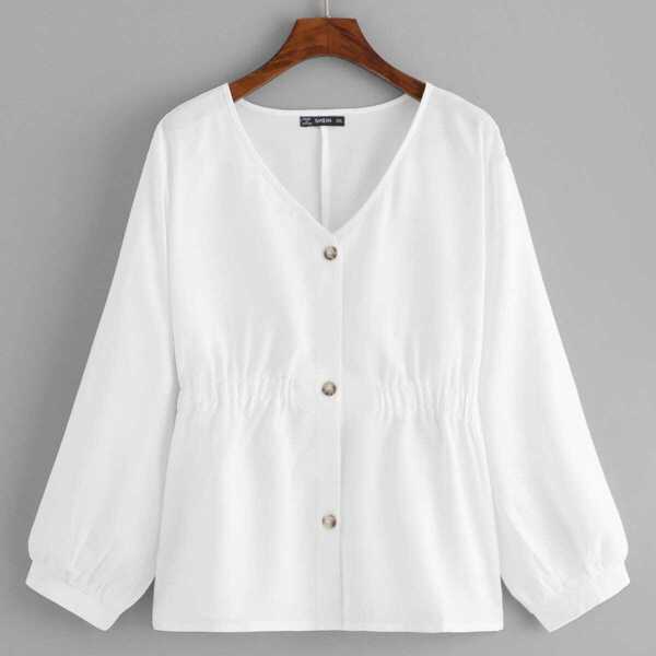 

Plus Elastic Waist Button Up Coat, White