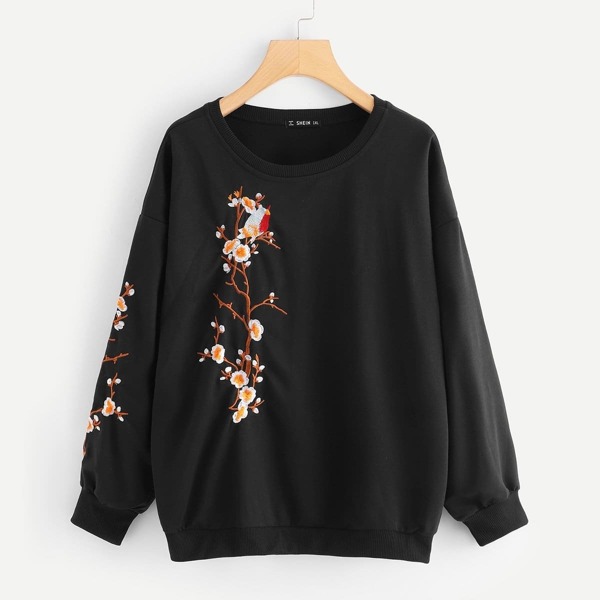 

Plus Botanical Embroidery Sweatshirt, Black