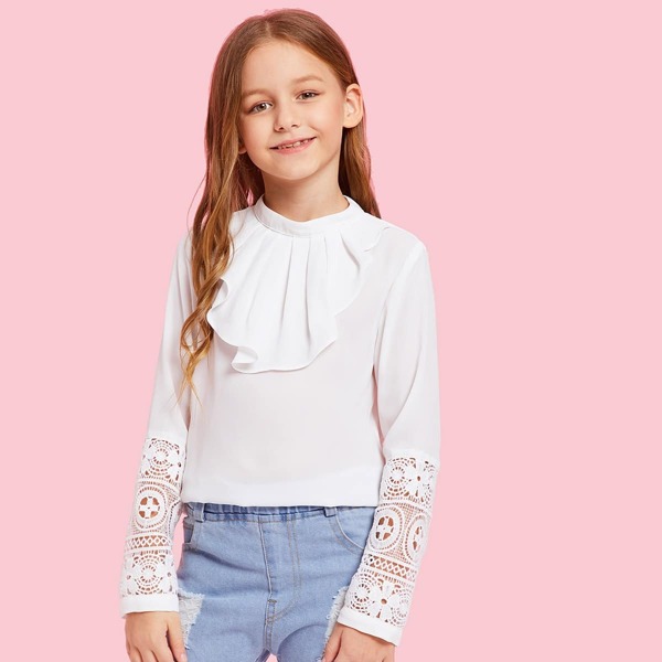 

Girls Keyhole Back Contrast Lace Sleeve Top, White