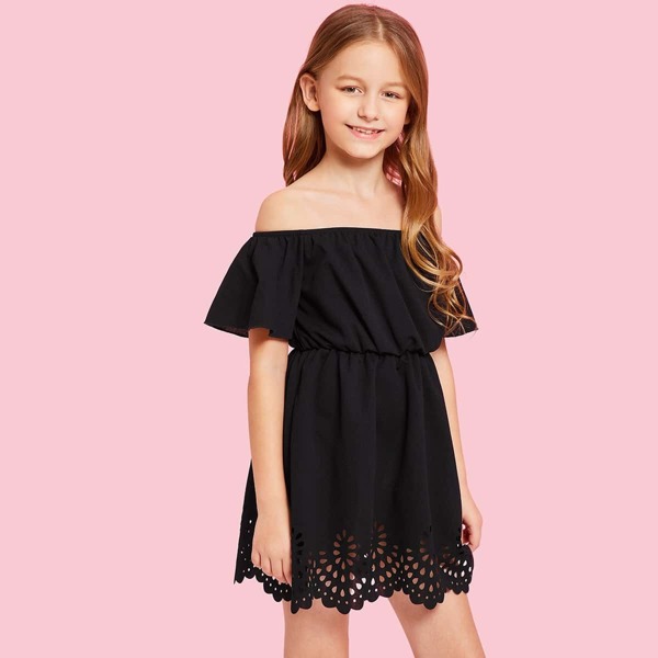 

Girls Laser Cut Hem Solid Dress, Black