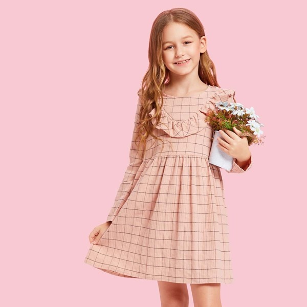 

Girls Ruffle Trim Grid Dress