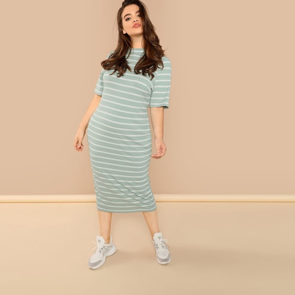 

Plus Mock Neck Rib Knit Striped Dress
