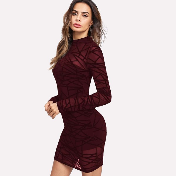 

Semi Sheer Geometric Mesh 2 In 1 Dress, Burgundy