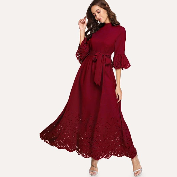 

Scallop Edge Laser Cut Belted Maxi Dress, Burgundy