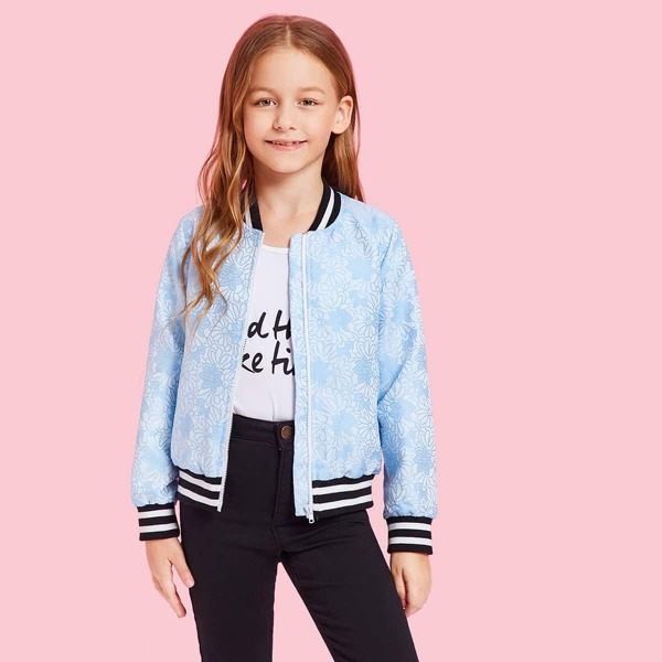 

Girls Zip Up Floral Print Bomber Jacket, Blue