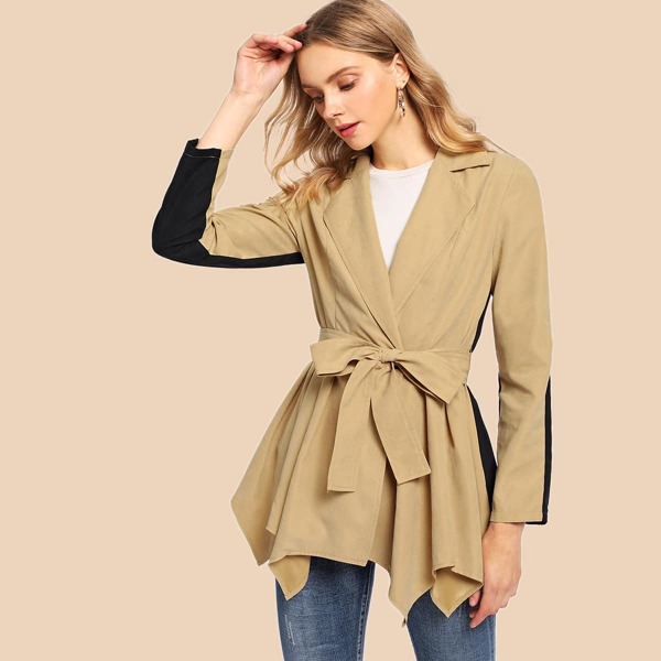 

Self Belted Surplice Wrap Colorblock Coat