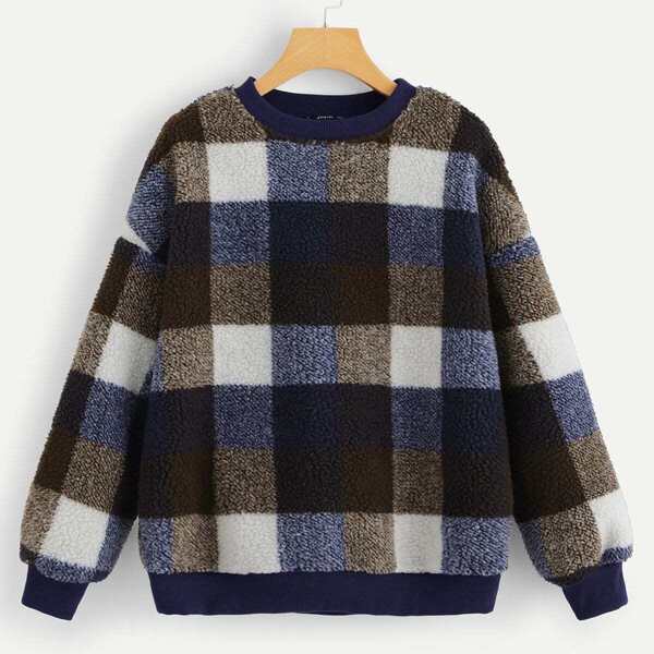 

Drop Shoulder Plaid Teddy Sweatshirt