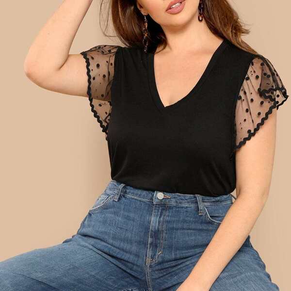 

Plus Mesh Contrast Flutter Sleeve V-Neck Tee, Black