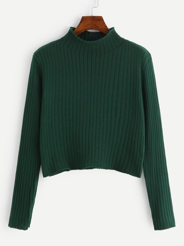 

Stand Collar Rib Knit Sweater, Green