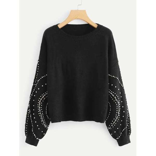 

Plus Drop Shoulder Pearl Embellished Sweater, Black