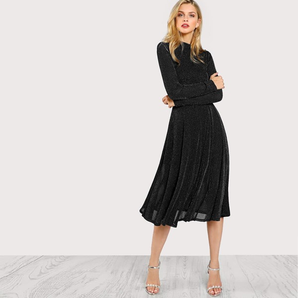 

Button Keyhole Mock-neck Glitter Flowy Dress, Black