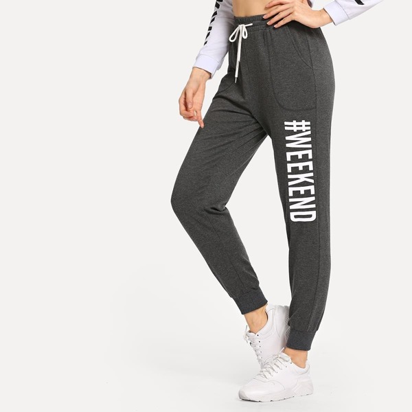 

Elastic Waist Drawstring Pocket Letter Pants