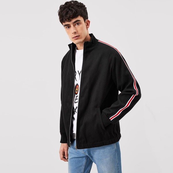 

Men Zip Up Tape Trim Jacket, Black