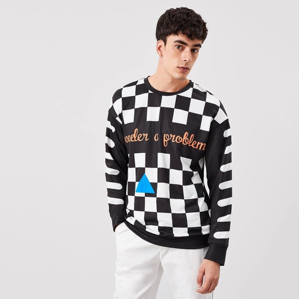 

Men Crew Neck Gingham and Letter Pullover, Black and white