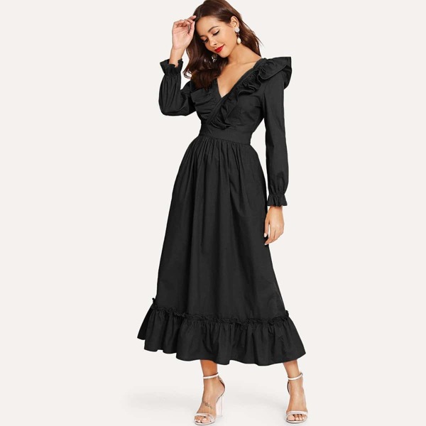 

Double V Neck Surplice Ruffle Maxi Dress, Black
