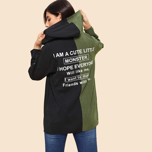 

Roll Up Sleeve Letter Print Hooded Outerwear, Multicolor