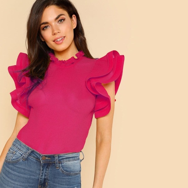 

Exaggerate Ruffle Frill Neck Top, Pink