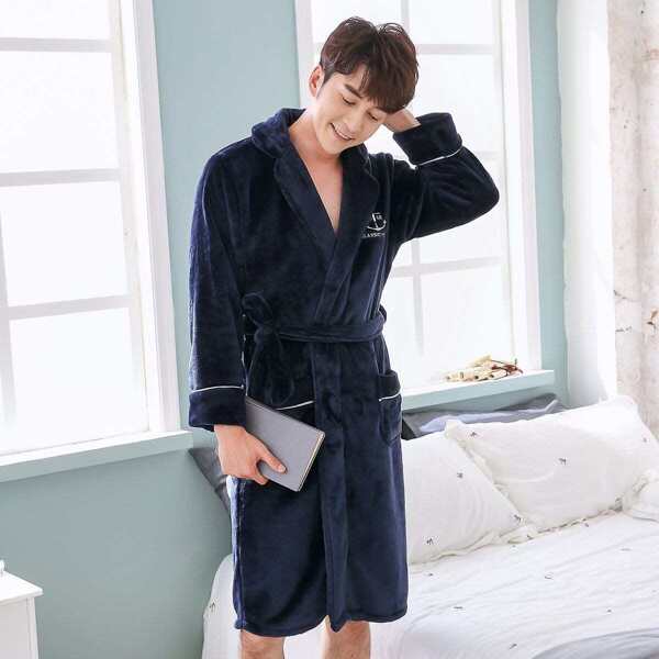 

Men Letter Embroidered Self Belted Robe