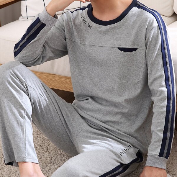 

Men Letter Print Pajama Set, Grey