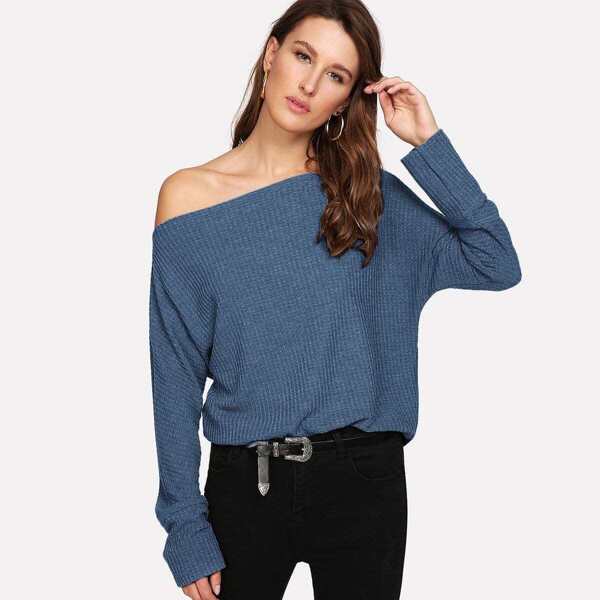 

Oblique Shoulder Dolman Sleeve Sweater, Blue