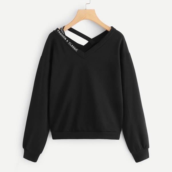 

Letter Print Taped V Neck Sweatshirt