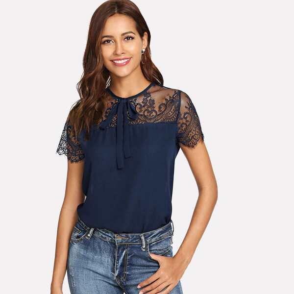 

Lace Yoke Tie Neck Top, Navy