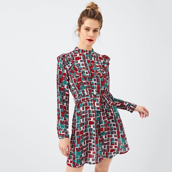 

Mock Neck Ruffle Trim Pleated Dress, Multicolor