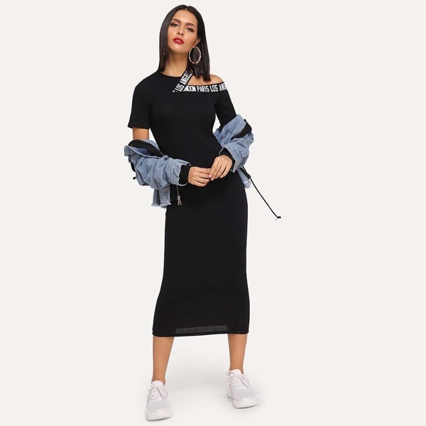 

Cut-Out Shoulder Slogan Tape Rib Midi Dress