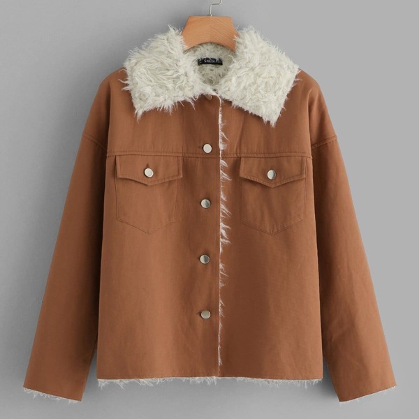 

Flap Pocket Faux Fur Buttoned Coat