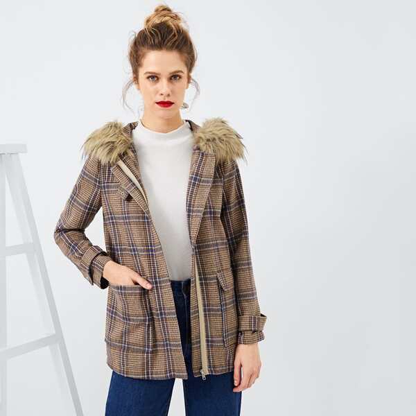 

Faux Fur Contrast Plaid Coat, Brown