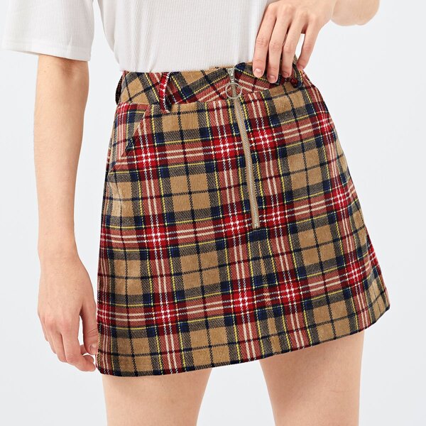

Zipper Front Plaid Skirt