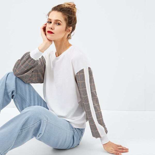 

Drop Shoulder Plaid Panel Sweatshirt