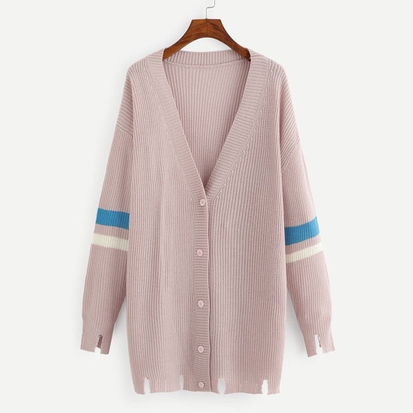 

Plus Striped Sleeve Raw Hem Knit Coat