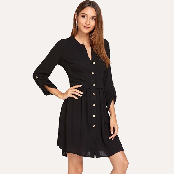 

Button Front Roll Up Sleeve Dress