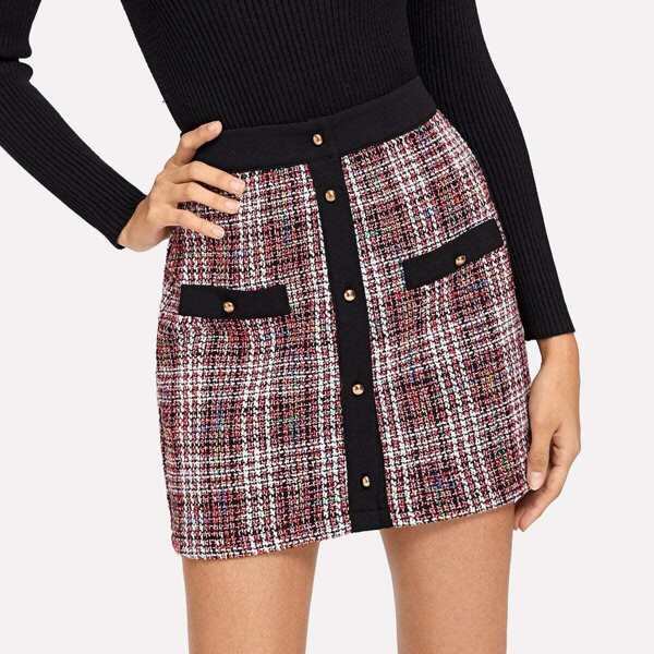 

Solid Trim Button Up Tweed Skirt, Multicolor