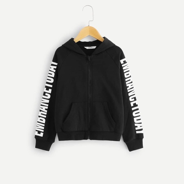 

Girls Letter Print Zip Up Hoodie, Black