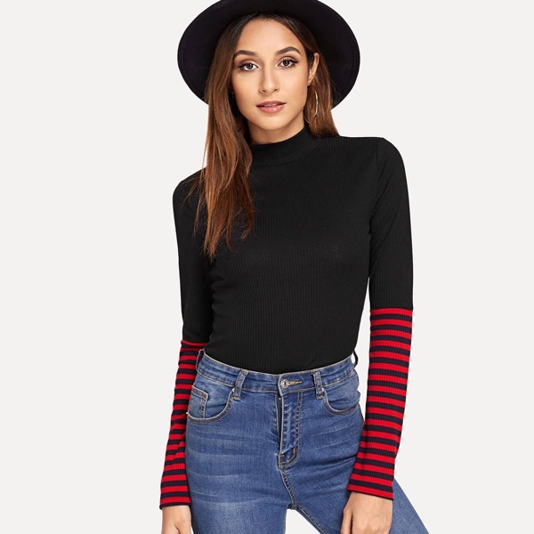 

Mock Neck Striped Ribbed Tee