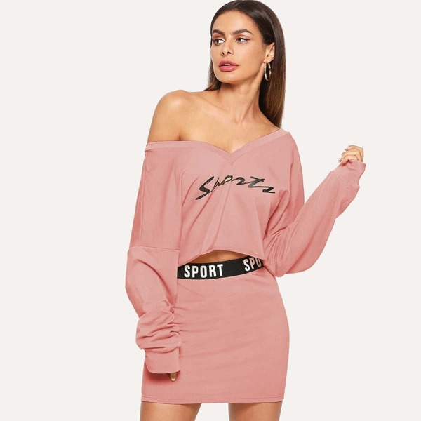 

Letter Print V Neck Top & Skinny Skirt Set, Pink