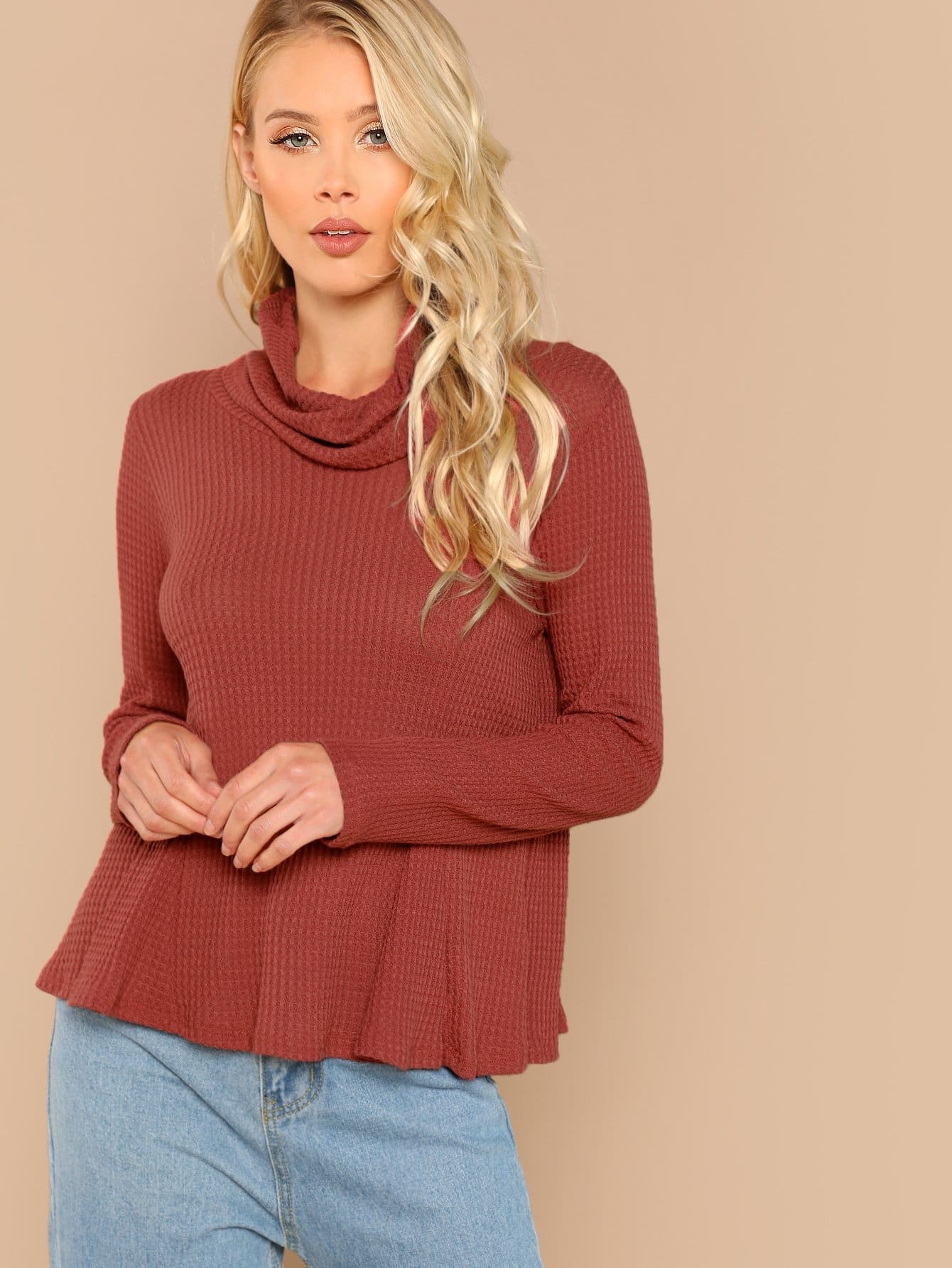 waffle knit cowl neck long sleeve top