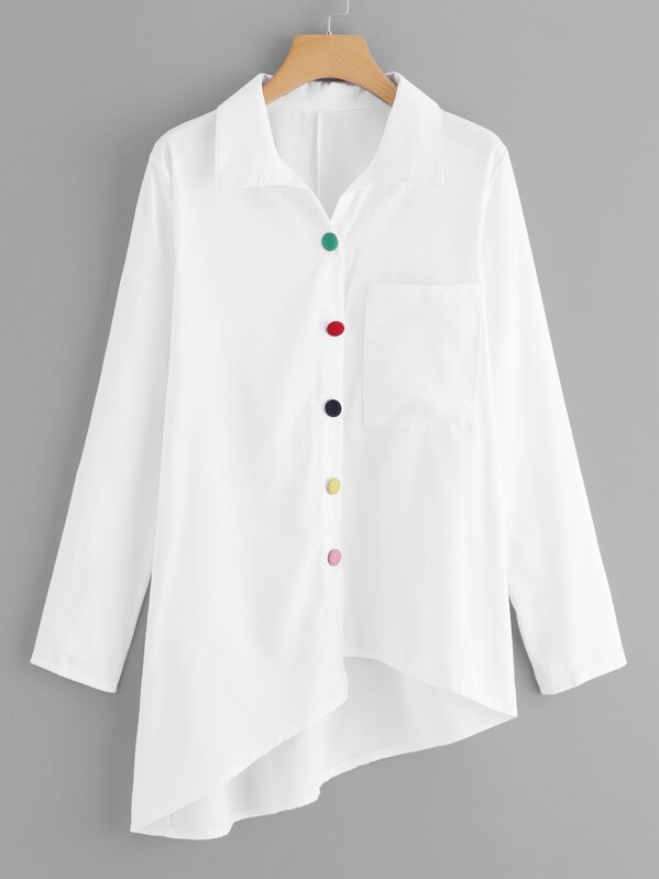 

Colorful Button Asymmetric Hem Shirt, White