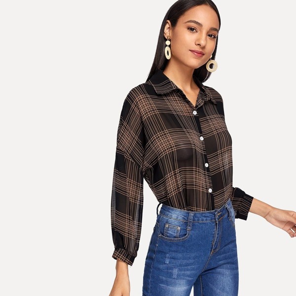 

Drop Shoulder Chiffon Plaid Shirt, Multicolor