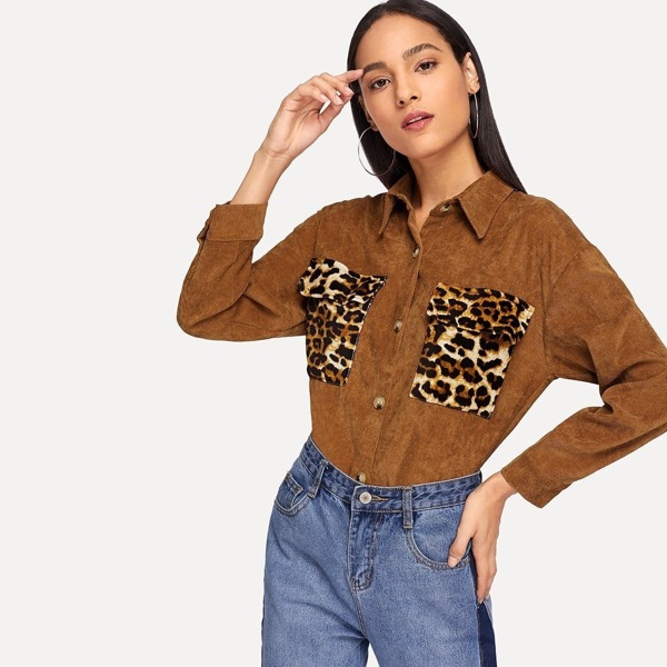 

Leopard Print Pocket Decoration Corduroy Utility Blouse, Brown