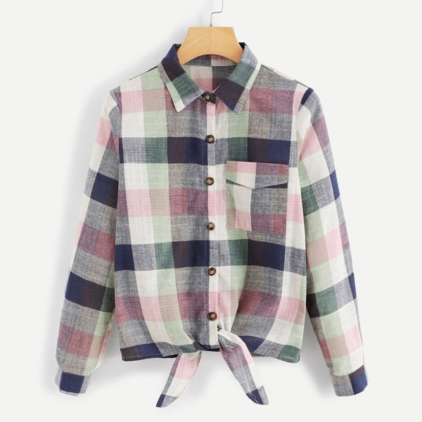 

Knot Hem Pocket Patch Plaid Shirt, Multicolor