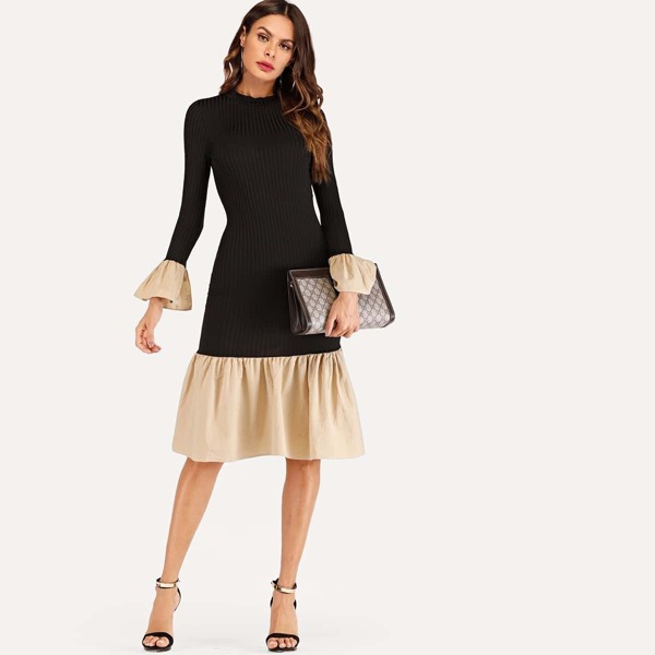 

Rib Knit Ruffle Hem 2 In 1 Dress, Black