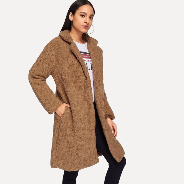 

Pocket Decoration Solid Teddy Coat, Brown