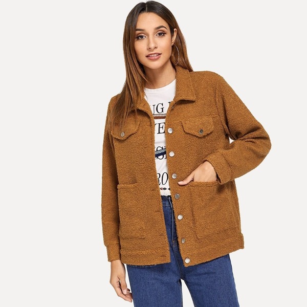 

Single Breasted Pocket Decoration Teddy Jacket, Brown