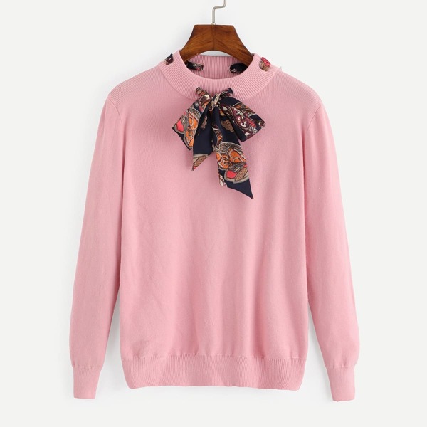 

Solid Knotted Decoration Sweater, Pink