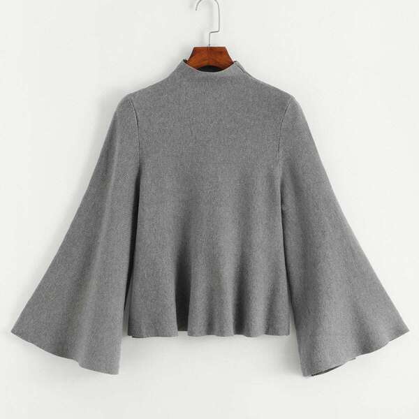 

Mock Neck Bell Sleeve Jersey Sweater, Grey