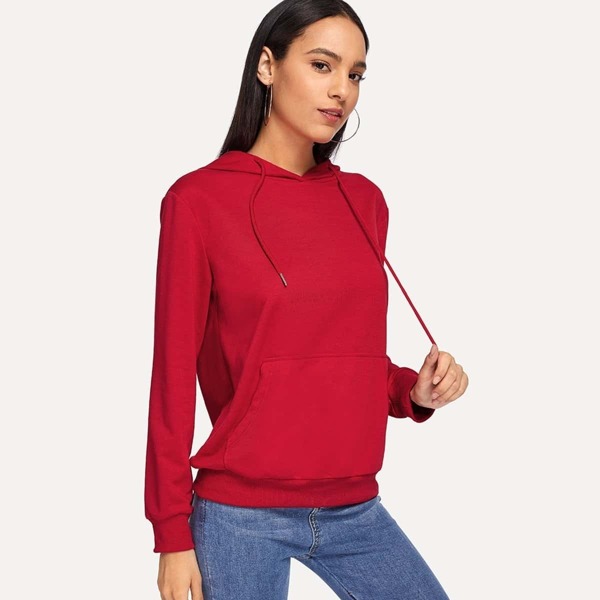 

Solid Drawstring Hooded Sweatshirt, Red